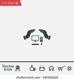 computer insurance sign icon. Hand holds pc laptop symbol.