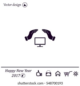 computer insurance sign icon. Hand holds pc laptop symbol.