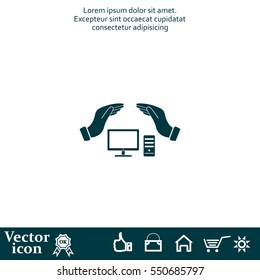 computer insurance sign icon. Hand holds pc laptop symbol.