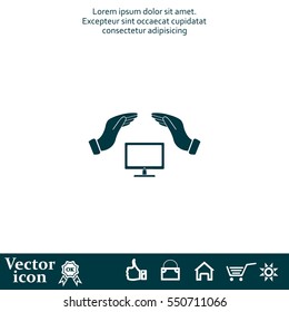 computer insurance sign icon. Hand holds pc laptop symbol.