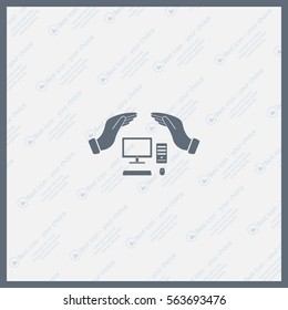 computer insurance sign icon. Hand holds pc laptop symbol.