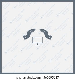 computer insurance sign icon. Hand holds pc laptop symbol.