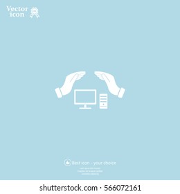 computer insurance sign icon. Hand holds pc laptop symbol.