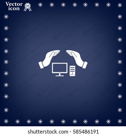 computer insurance sign icon. Hand holds pc laptop symbol.