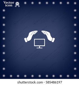 computer insurance sign icon. Hand holds pc laptop symbol.