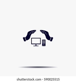 computer insurance sign icon. Hand holds pc laptop symbol.