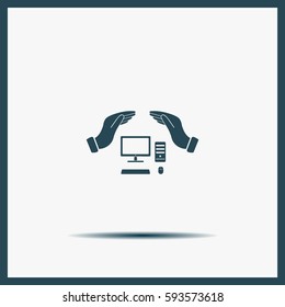 computer insurance sign icon. Hand holds pc laptop symbol.