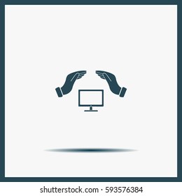 computer insurance sign icon. Hand holds pc laptop symbol.