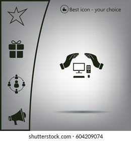 computer insurance sign icon. Hand holds pc laptop symbol.