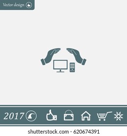 computer insurance sign icon. Hand holds pc laptop symbol.