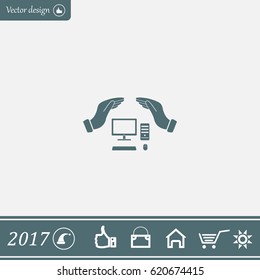 computer insurance sign icon. Hand holds pc laptop symbol.