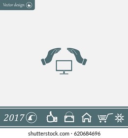 computer insurance sign icon. Hand holds pc laptop symbol.