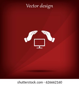 computer insurance sign icon. Hand holds pc laptop symbol.