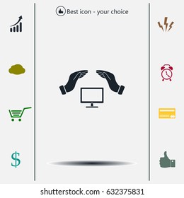 computer insurance sign icon. Hand holds pc laptop symbol.