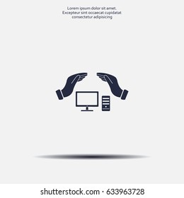 computer insurance sign icon. Hand holds pc laptop symbol.