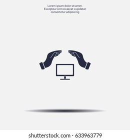 computer insurance sign icon. Hand holds pc laptop symbol.