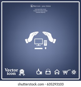 computer insurance sign icon. Hand holds pc laptop symbol.