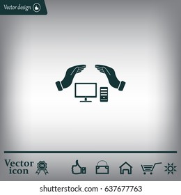 computer insurance sign icon. Hand holds pc laptop symbol.