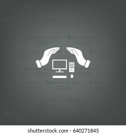 computer insurance sign icon. Hand holds pc laptop symbol.