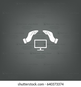 computer insurance sign icon. Hand holds pc laptop symbol.