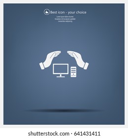 computer insurance sign icon. Hand holds pc laptop symbol.