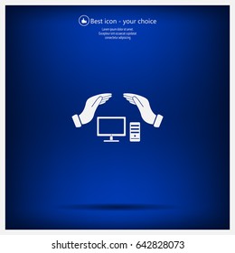 computer insurance sign icon. Hand holds pc laptop symbol.
