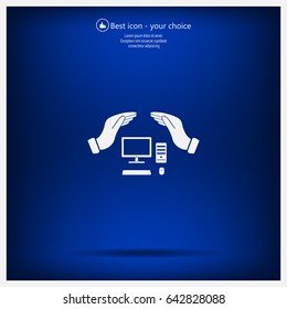 computer insurance sign icon. Hand holds pc laptop symbol.