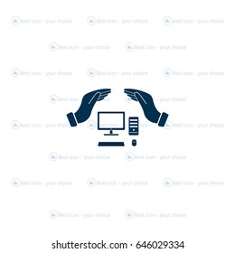 computer insurance sign icon. Hand holds pc laptop symbol.