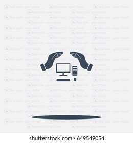 computer insurance sign icon. Hand holds pc laptop symbol.
