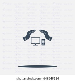 computer insurance sign icon. Hand holds pc laptop symbol.