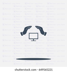 computer insurance sign icon. Hand holds pc laptop symbol.