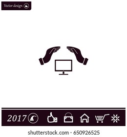 computer insurance sign icon. Hand holds pc laptop symbol.