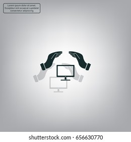 computer insurance sign icon. Hand holds pc laptop symbol.