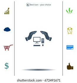 computer insurance sign icon. Hand holds pc laptop symbol.