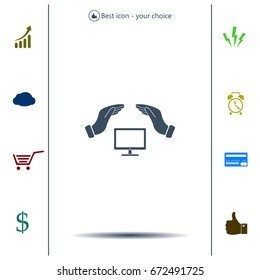 computer insurance sign icon. Hand holds pc laptop symbol.