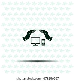 computer insurance sign icon. Hand holds pc laptop symbol.