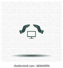 computer insurance sign icon. Hand holds pc laptop symbol.