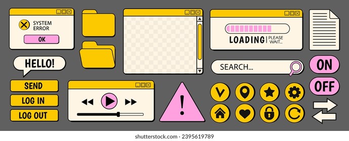 Computer Interface Elements in retro neobrutalism style. Elements for UI UX design. Vector illustrations.