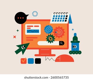 Computer interface with gears, search bar, and calendar elements. Simple style illustration. Cute characters.