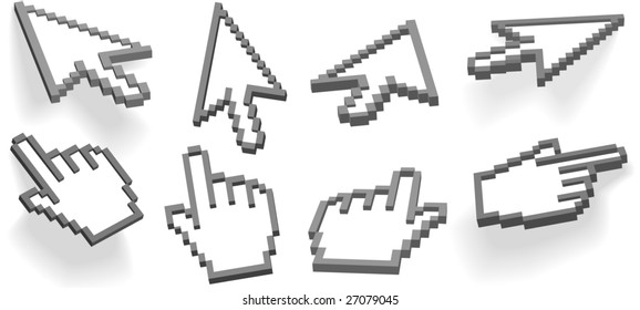 Computer interface hand cursor and arrow cursor in different 3D angle variations, 2 float, 2 with drop shadows.