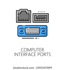 Computer interface ports software color line icon. Computer system hardware driver, web network data or software linear vector symbol with PC LAN, USB and VGA cables connection ports