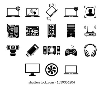 Computer Interface set with glyph style 18 icon pack part 3 for mobile app and web. Vector Illustration