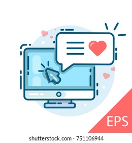 Computer with internal speech bubble, love chat. Vector modern line design illustrative icon