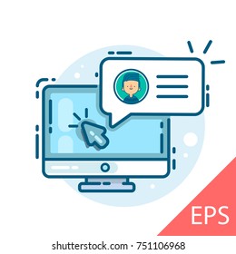 A computer with an internal speech bubble. Men. Portfolio & Resume, description. Vector modern line design illustrative icon