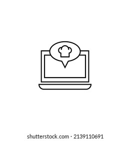 Computer, internet and communication concept. Modern monochrome sign in flat style. Suitable for web sites, stores, books etc. Line icon of chefs hat inside of speech bubble on laptop monitor 