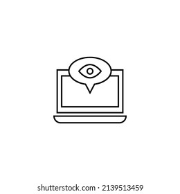 Concepto de informática, internet y comunicación. Signo monocromo moderno en estilo plano. Adecuado para sitios web, tiendas, libros, etc. Icono de línea de ojo dentro de la burbuja de voz en el monitor de portátil 