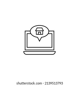 Concepto de informática, internet y comunicación. Signo monocromo moderno en estilo plano. Adecuado para sitios web, tiendas, libros, etc Icono de línea de casa dentro de la burbuja de voz en el monitor de portátil 