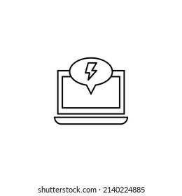 Computer, internet and communication concept. Modern monochrome sign in flat style. Suitable for web sites, stores, books etc. Line icon of lightning inside of speech bubble on laptop monitor 
