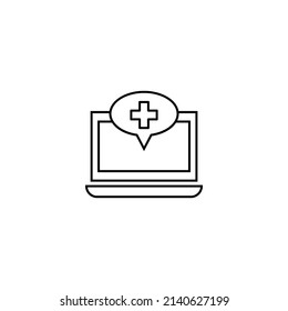 Computer, internet and communication concept. Modern monochrome sign in flat style. Suitable for web sites, stores, books etc. Line icon of medical cross inside of speech bubble on laptop monitor 
