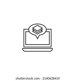 Computer, internet and communication concept. Modern monochrome sign in flat style. Suitable for web sites, stores, books etc. Line icon of stack of sheets inside of speech bubble on laptop monitor 